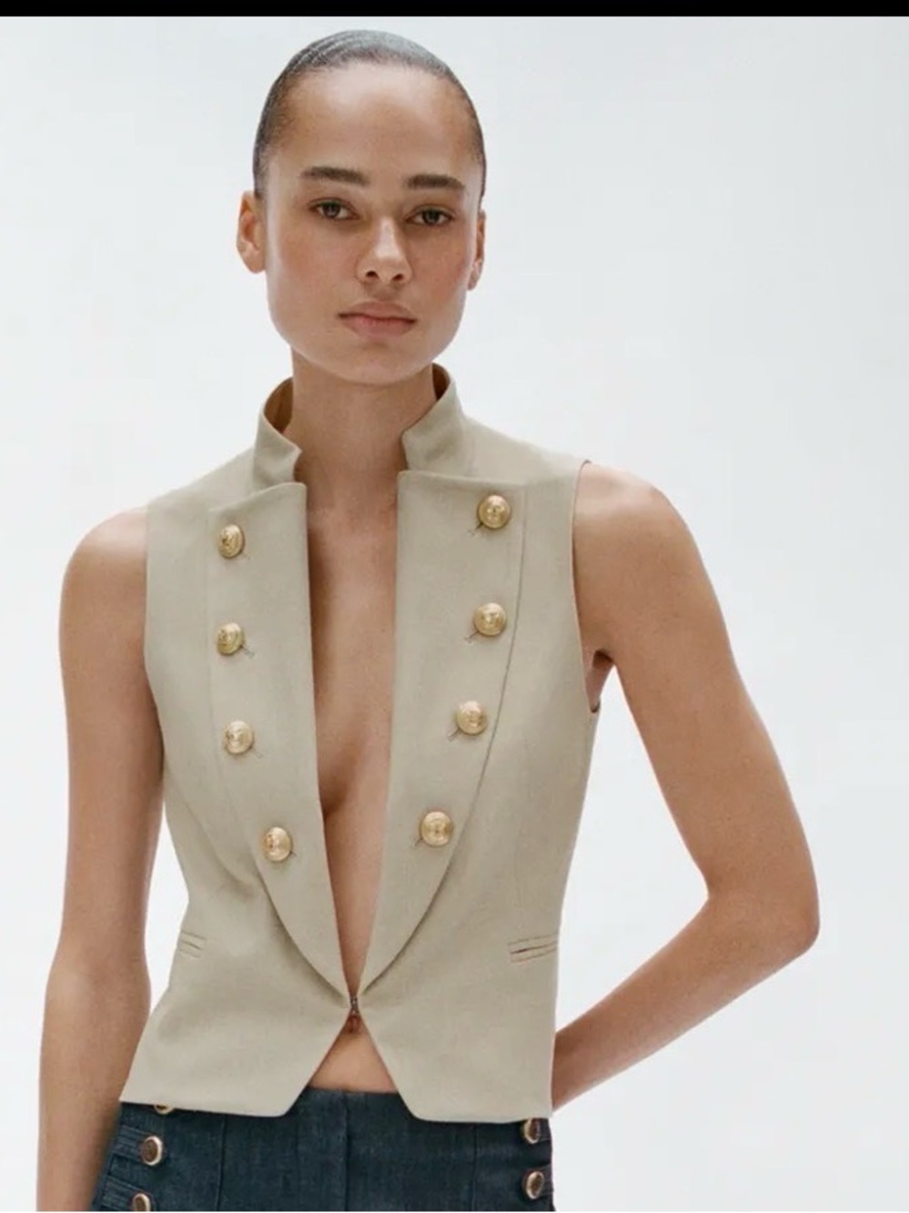 Zara Sleeveless Double-Breasted Vest Jacket in Beige with Gold Buttons